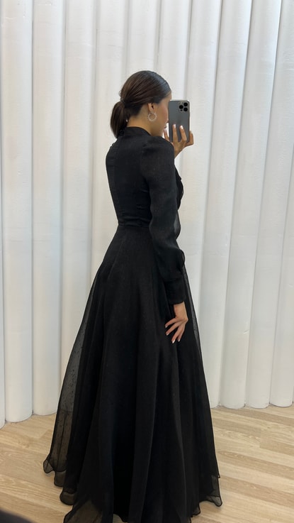 Siyah Balon Kol Bel Detay Tasarım Abiye Elbise