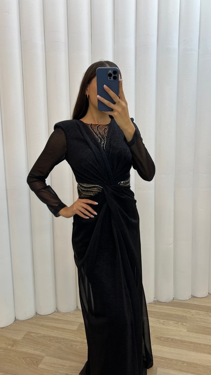 Siyah Bel Detay Fiyonk Tasarım Abiye Elbise
