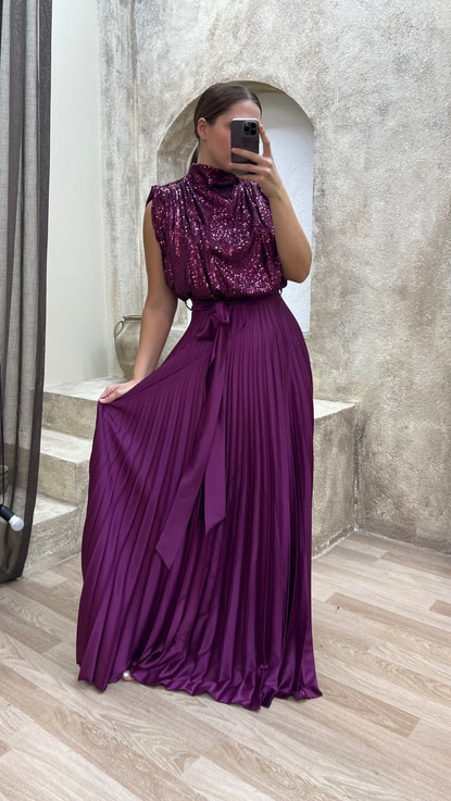 Bordo Göğsü Payet Plise Detay Tasarım Abiye Elbise