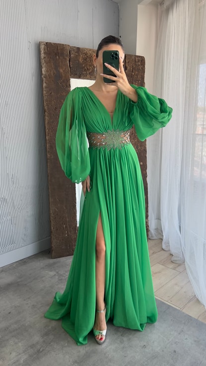 Yeşil Balon Kol Beli İşleme Detay Abiye Elbise