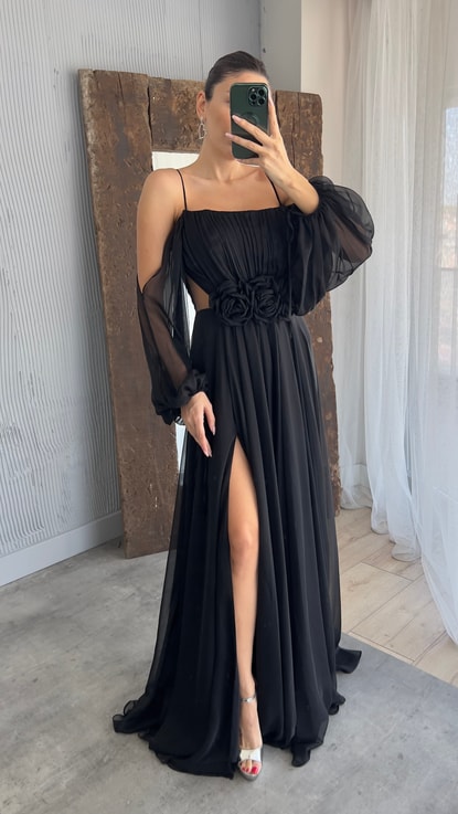 Siyah İp Askılı Balon Bel Detay Tasarım Şifon Elbise
