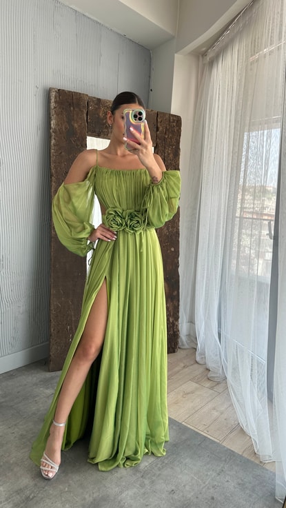 Yeşil İp Askılı Balon Bel Detay Tasarım Şifon Elbise