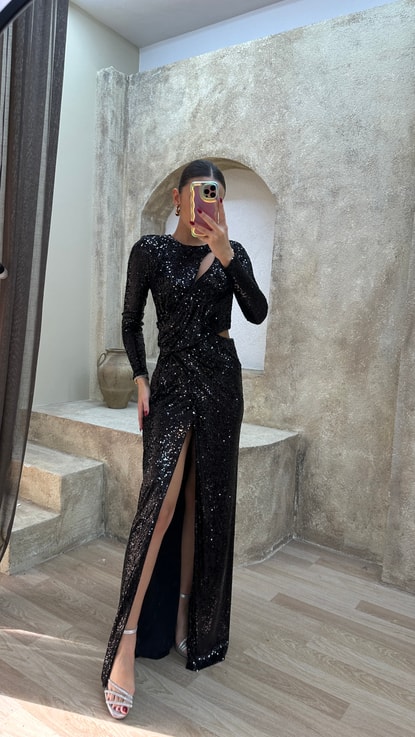 Siyah Bel Detay Tasarım Pul Payet Abiye Elbise