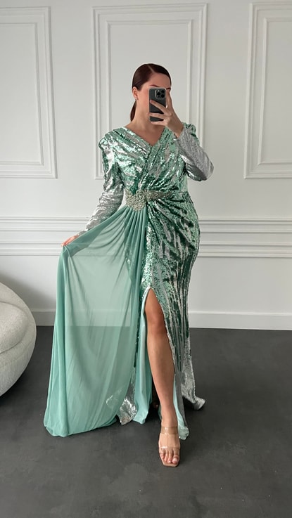 Mint Yeşili V Yaka Bel Detay Tasarım Payet Büyük Beden Abiye Elbise