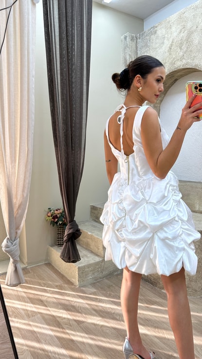 Beyaz Balon Detay Taşlı Tasarım Abiye Elbise