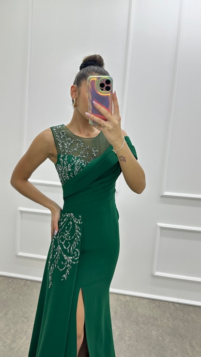 Zümrüt Yeşili Omuz Detay Drapeli Tasarım Abiye Elbise