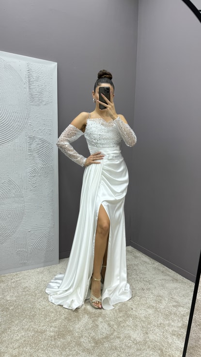 Beyaz Kol Detay Tasarım Saten Abiye Elbise