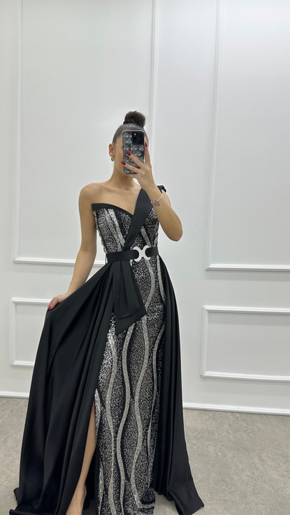 Siyah Tek Omuz Bel Detay İşlemeli Tasarım Abiye Elbise