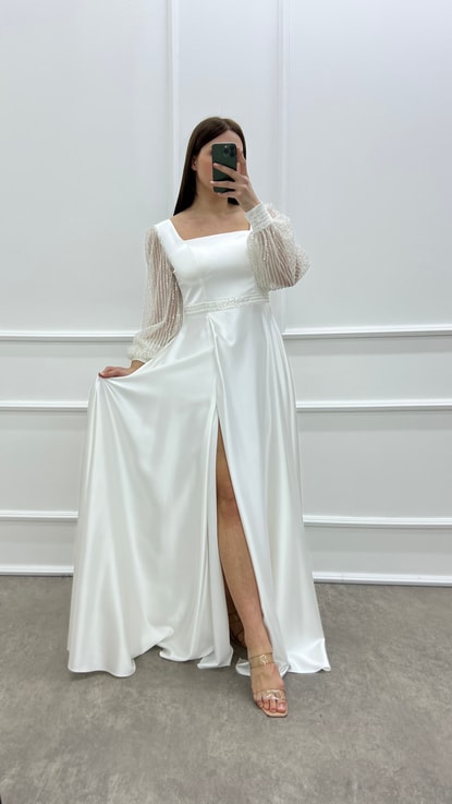 Beyaz Balon Kol İşleme Detay Tasarım Saten Büyük Beden Abiye Elbise