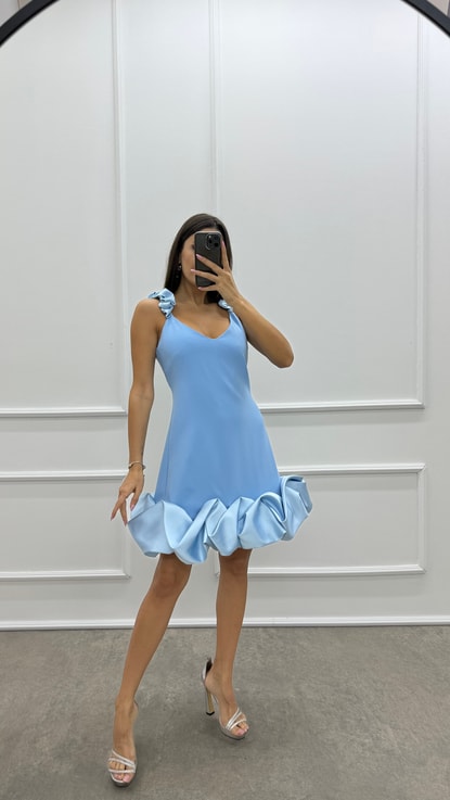 Bebe Mavisi Omuzları Ve Etek Ucu Volan Detay Tasarım Mini Elbise