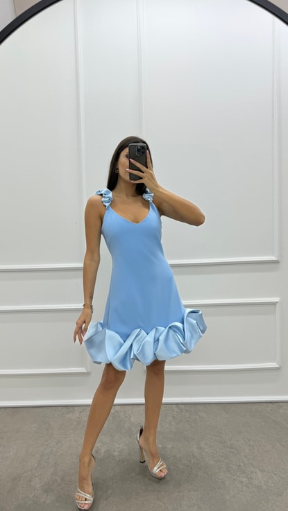 Bebe Mavisi Omuzları Ve Etek Ucu Volan Detay Tasarım Mini Elbise