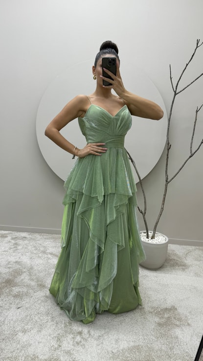 Mint Yeşili İp Askılı Volan Detay Tasarım Elbise