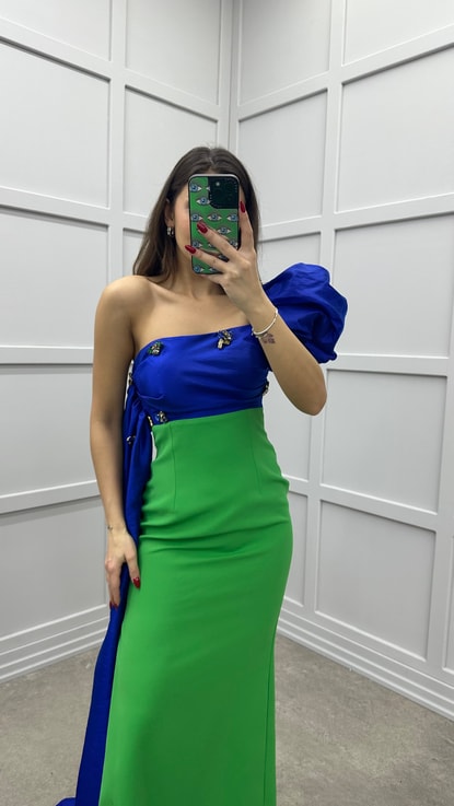 Yeşil Tek Omuz Taşlı Tasarım Elbise