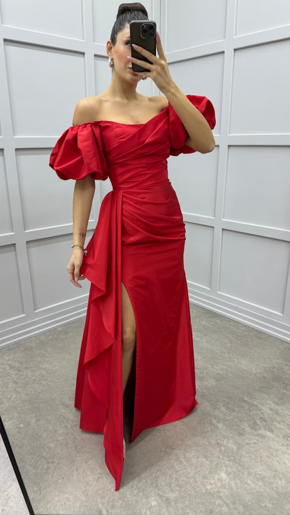 Kırmızı Balon Kol Bel Detay Tasarım Saten Abiye Elbise