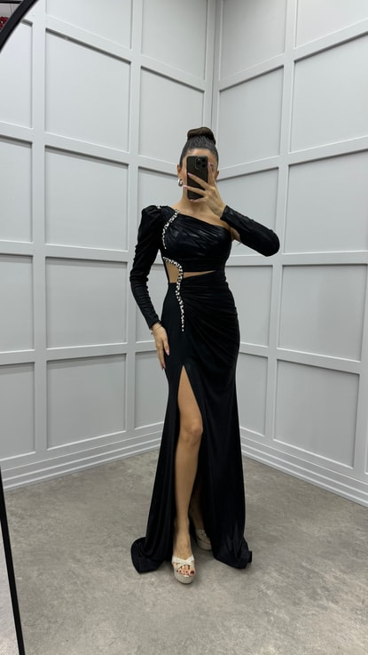 Siyah Tek Omuz Bel Detay Taşlı Tasarım Abiye Elbise