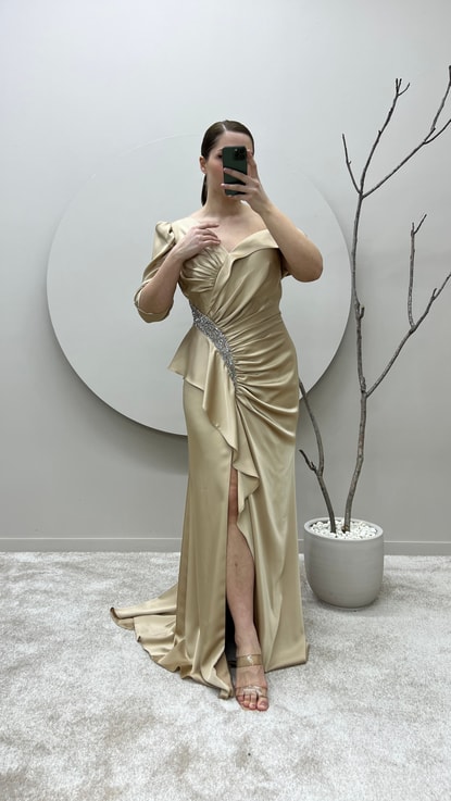 Bej Beli Drapeli İşleme Detay Büyük Beden Tasarım Abiye Elbise