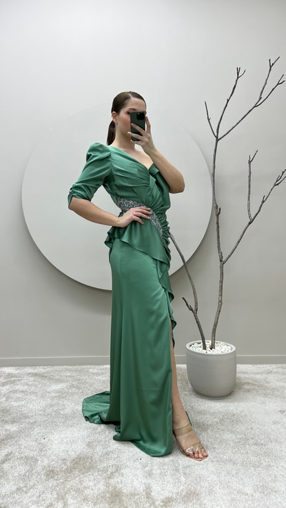 Mint Yeşili Beli Drapeli İşleme Detay Büyük Beden Tasarım Abiye Elbise