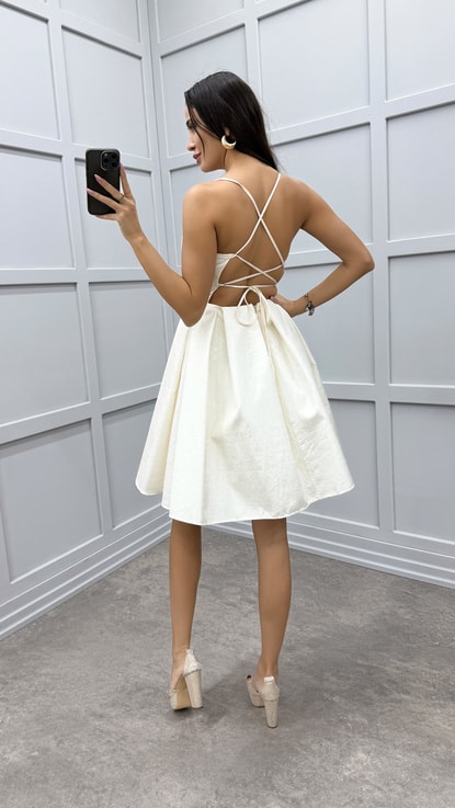 Beyaz İp Askılı Tasarım Mini Elbise