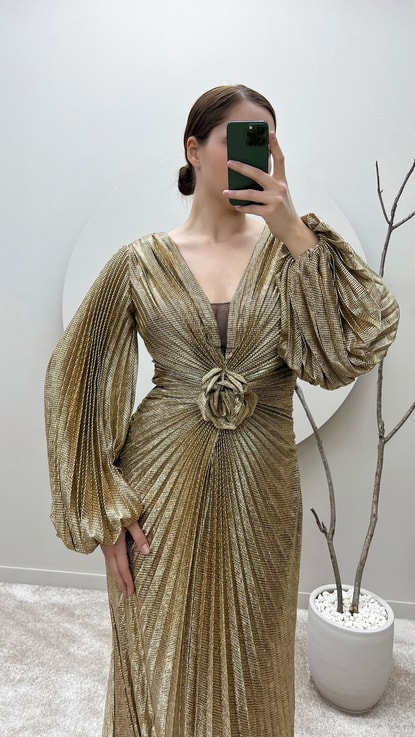 Gold Pliseli Bel Detay  Büyük Beden Abiye Elbise