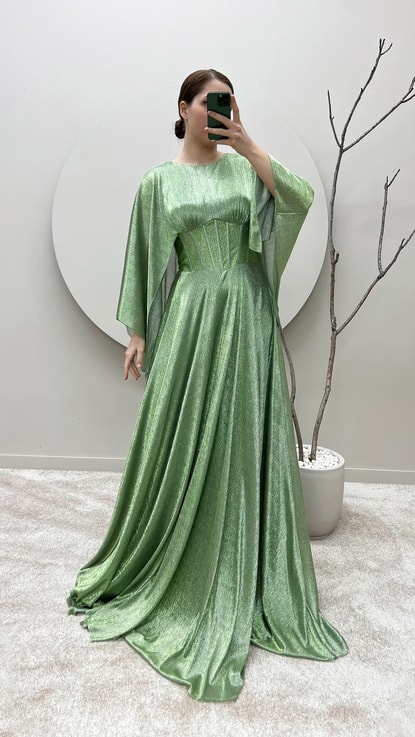 Mint Yeşili Bel Detay Tasarım Büyük Beden Abiye Elbise