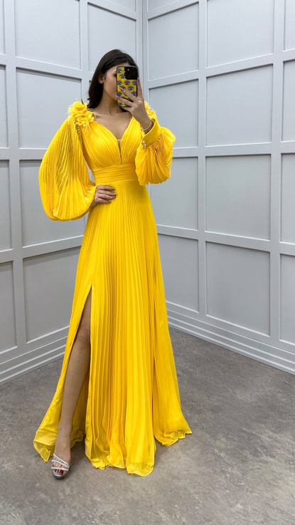 Sarı Balon Kol Pliseli Omuz Detay Tasarım Elbise
