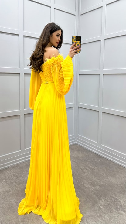 Sarı Omuzları Tüy Detay Balon Kol Pliseli Tasarım Elbise