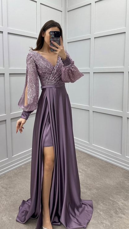 Lila Balon Kol Göğsü Pul Payet Tasarım  Saten Abiye Elbise