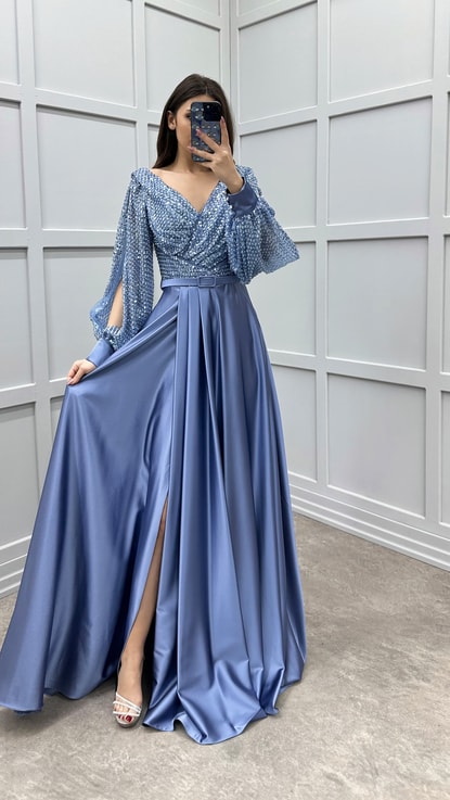 İndigo Balon Kol Göğsü Pul Payet Tasarım  Saten Abiye Elbise