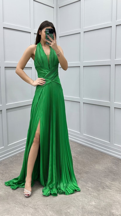 Yeşil Boyun Detay Pliseli Beli Çapraz Tasarım Elbise