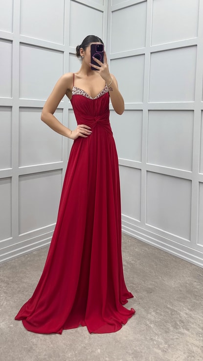 Kırmızı İp Askılı Bel Detay İşlemeli Tasarım Elbise