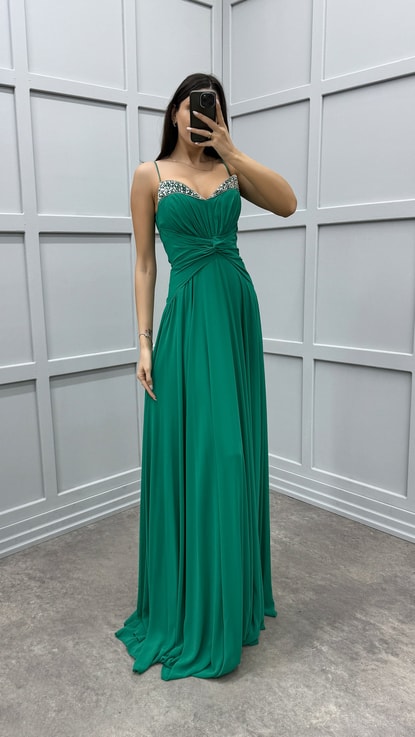 Mint Yeşili İp Askılı Bel Detay İşlemeli Tasarım Elbise
