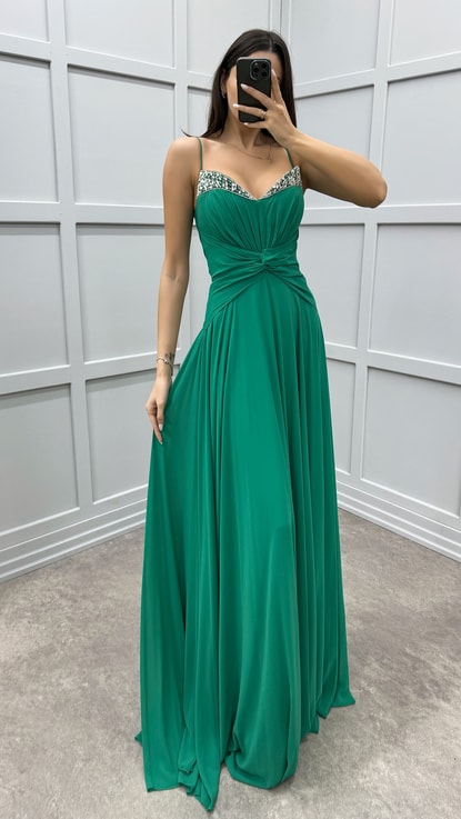 Mint Yeşili İp Askılı Bel Detay İşlemeli Tasarım Elbise