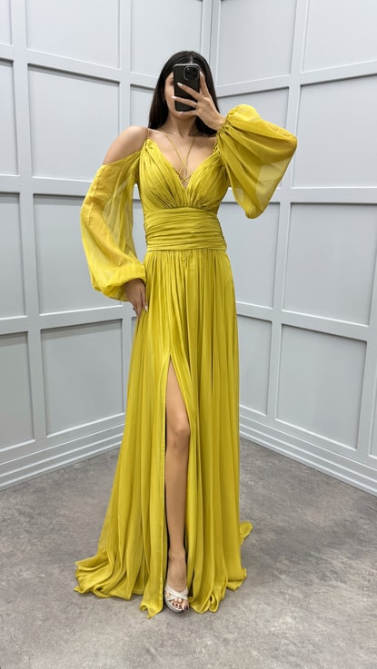 Sarı Sırtı İp Balon Kol Tasarım Şifon Elbise