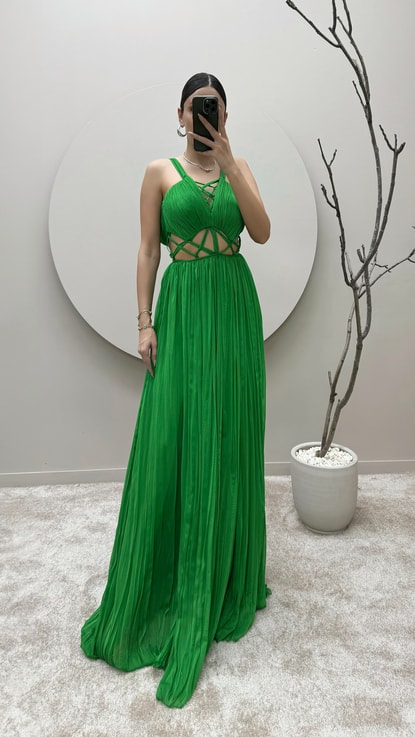 Yeşil İp Askılı Bel Detay Abiye Elbise