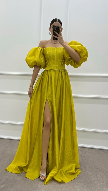 Sarı Balon Kol Kemerli Abiye Elbise