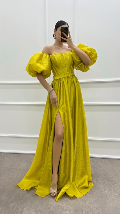 Sarı Balon Kol Kemerli Abiye Elbise