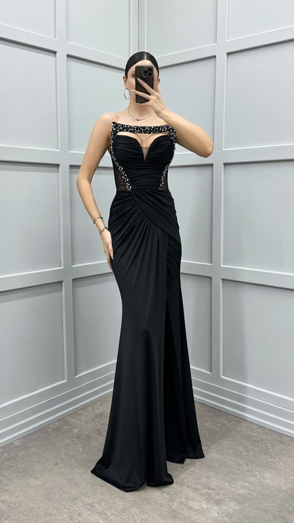 Siyah Omuz Detay Transparan Drapeli Abiye Elbise