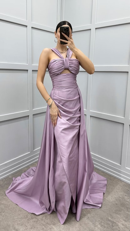 Lila Omuz Detay Transparan Drapeli Abiye Elbise