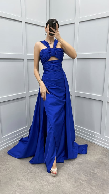 Saks Omuz Detay Transparan Drapeli Abiye Elbise