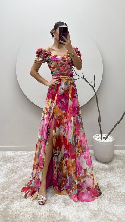 Turuncu Omuz Detay Desenli Tasarım Şifon Elbise