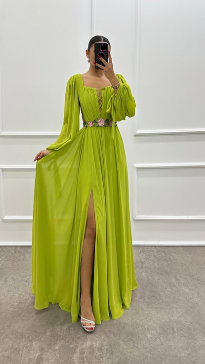 Yeşil Balon Kol Beli Transparan Şifon Elbise
