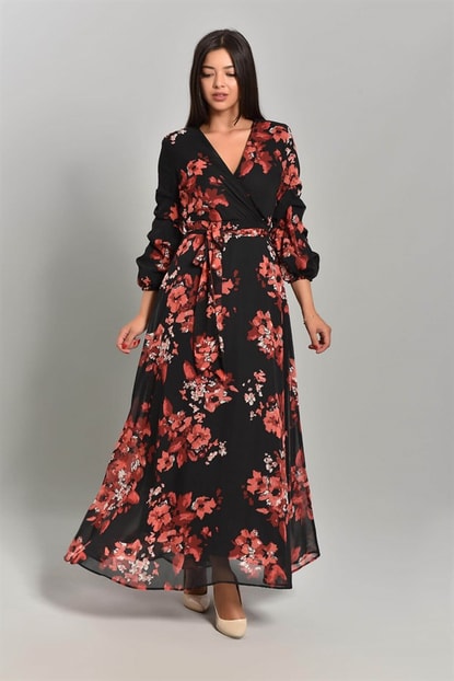 Black Floral Long Chiffon Dress