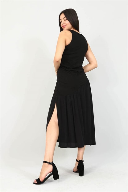 Slit Skirts Asymmetric Dress Black Satin Details