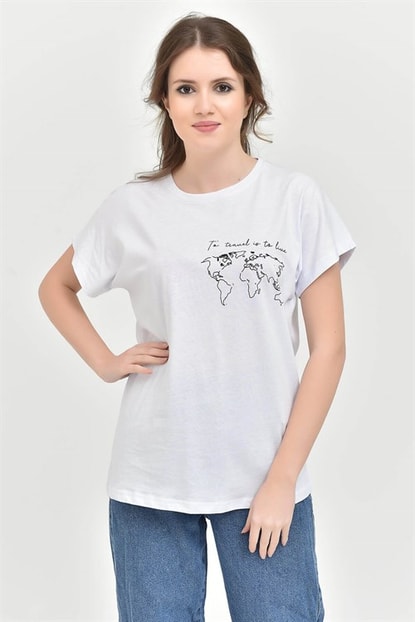 White World Continents Print T-Shirts