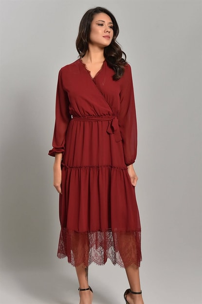 Bordeaux Tulle Midi Skirt Length Tip Chiffon Dress