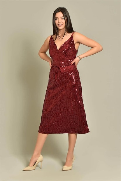 Bordeaux Hanging Rope Stamp Sequin Dress Length Midi