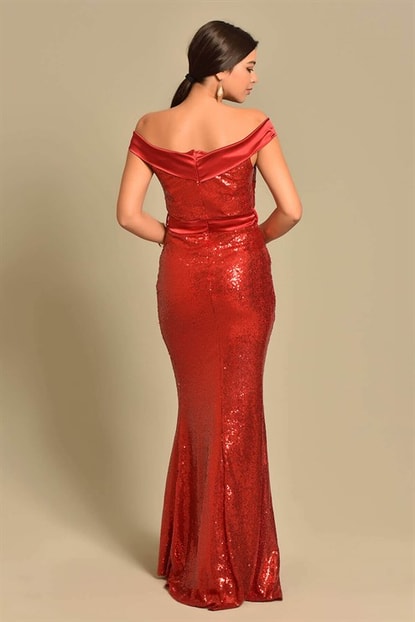 Pula Boat Neck Sequin Detail Design Red Belt Evening Dress