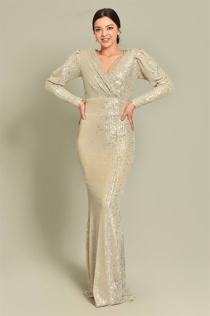 Stamps Silver Sequin Evening Dress Fish