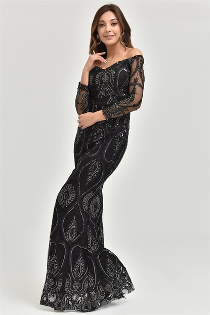 Pula Boat Neck Black Silver Sequin Embroidered Evening Dress