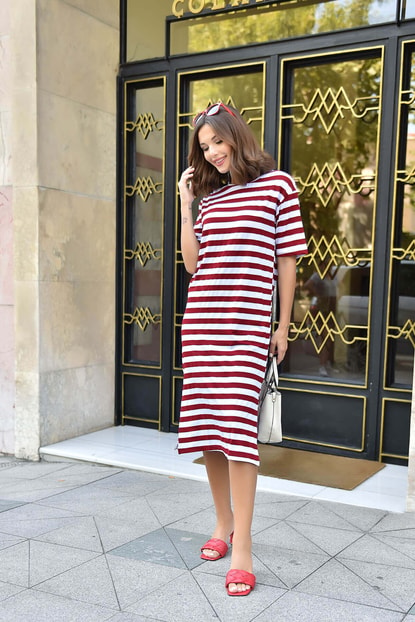 Bordeaux Striped Dress Slit